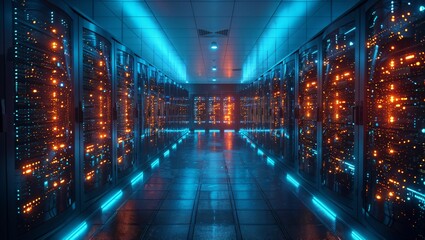 High-security cybersecurity data center, glowing servers, digital protection