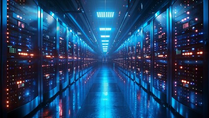 High-security cybersecurity data center, glowing servers, digital protection