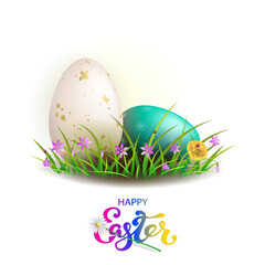 Isolated design element,Easter eggs in green grass with flowers.
