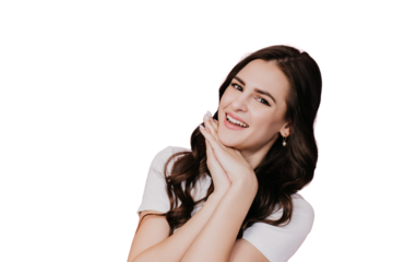 Radiant woman with clasped hands, joyful expression, white t-shirt, red headscarf, Young woman trying to hear new gossip, secret. Smiling woman with black hat waving hello, transparent background