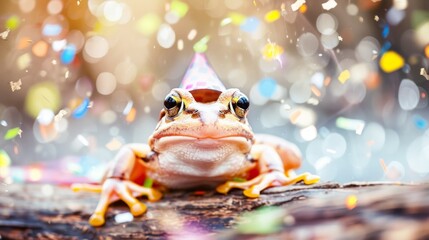 A frog with a playful expression wearing a party hat sits on a wooden surface amidst a burst of sparkling confetti. - Powered by Adobe