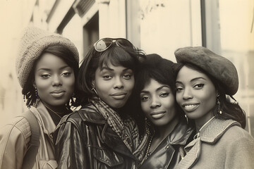 Vintage portrait of four fashion black women on the street in the city. Old retro black and white film photography from the 1970s