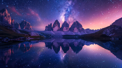 Milky Way above mountains at night with reflection in the lake. Landscape with alpine mountain valley, purple starry sky with milky way. - obrazy, fototapety, plakaty