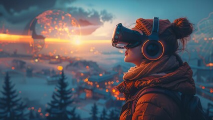 Virtual reality travel experience, world exploration, digital journey