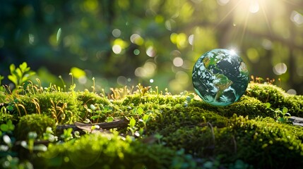 A postcard or screensaver with a crystal ball in the forest, against the background of nature. The concept of Earth Day - obrazy, fototapety, plakaty