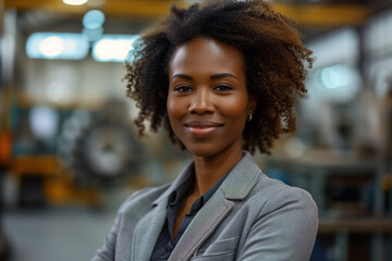 Professional African American woman in a business suit smiles confidently at camera while standing at the factory. Manager of modern industrial production