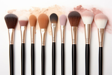 Different makeup brushes on white background.