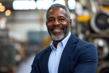 Portrait of an African American male factory manager in a suit and tie smiling directly at the camera