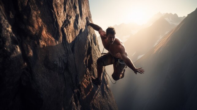 A muscular Athletic Man, a climber descending from a cliff with a safety net on the background of Mountains. Extreme outdoor sports, Active lifestyle, travel concepts. Horizontal banner, Copy space. - Powered by Adobe