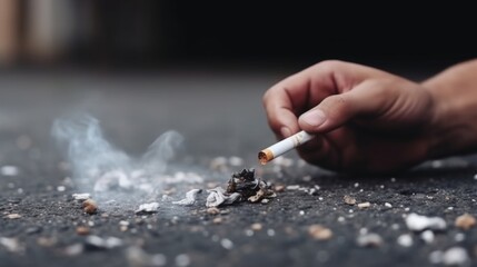 A person is lighting a cigarette on the asphalt. Their hand reaches down to the ground where there are discarded cigarette butts - obrazy, fototapety, plakaty