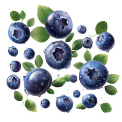 Ripe Blueberries falling in air with Blueberry leaves, Healthy organic berry natural ingredients concept, AI generated, PNG transparency