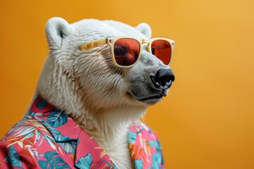 a stylish Polar Bear wearing sunglasses and summer suit on color background, animal funny pop art
