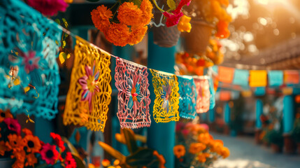 Vibrant papel picado, traditional Mexican cut-out banners, adorn a festive setting, embodying the spirit of Cinco de Mayo celebrations.