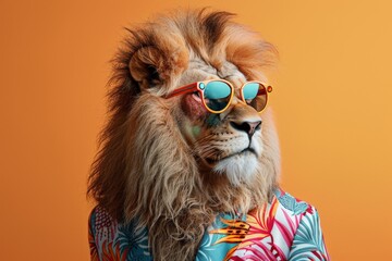 a stylish Lion wearing sunglasses and summer suit on color background, animal funny pop art - obrazy, fototapety, plakaty