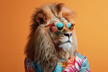 Foto op Plexiglas a stylish Lion wearing sunglasses and summer suit on color background, animal funny pop art © BOONJUNG