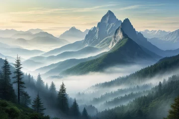 Fotobehang Beautiful landscape with fog in the mountains and forest. Natural background. Early morning mist © Anna