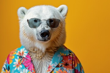 a stylish Polar Bear wearing sunglasses and summer suit on color background, animal funny pop art