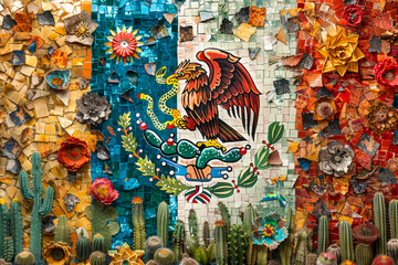 Fototapeta premium A vibrant mosaic depicting the Mexican coat of arms with an eagle, a snake, and cacti, symbolizing the country's rich culture and history.
