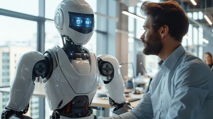 people talking with robot, Working together in the future with robots, Friendship of the future