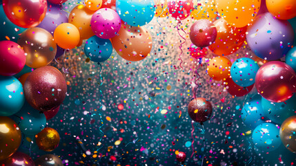 A joyful explosion of colorful balloons and confetti, creating a vibrant backdrop perfect for a celebration or festive event.