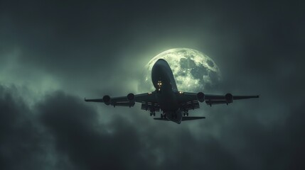 an airplane flying high and slow past a crescent moon, magazine style, candid shots