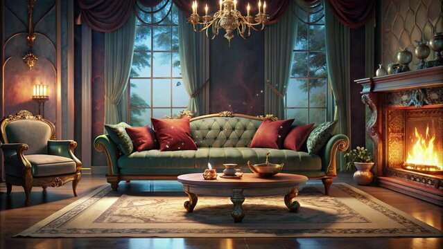 luxury sofa with antique lamp and minimalist wooden table and butterflies flying outside the room