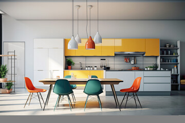 Clean and colorful kitchen space with minimalistic yet elegant furniture, vibrant decor, and captured in high-definition clarity.
