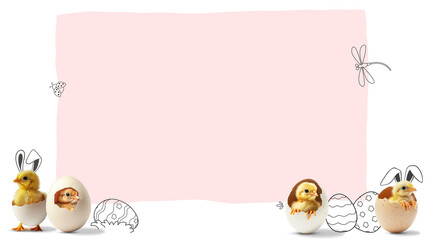 Easter banner with drawn eggs and chicken in eggshells. transparent background
