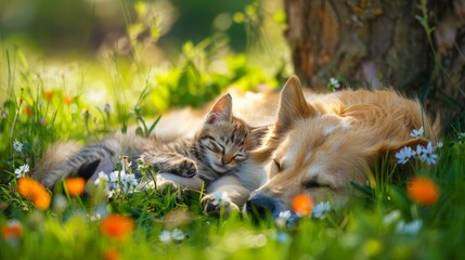 dog and kitten lying closely together in the grass and flower under the tree with sunlit on summer