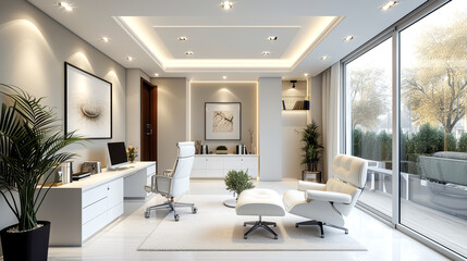 The interior of the modern living room is white armchairs and wooden floor.