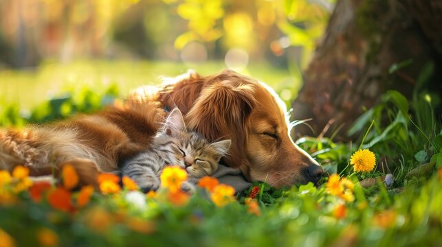 dog and kitten lying closely together in the grass and flower under the tree with sunlit on summer