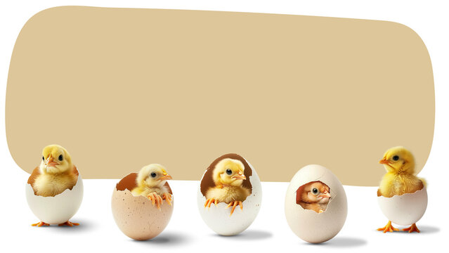 Easter banner with chicks in eggshells. transparent background