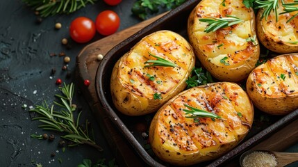 Freshly baked potatoes with flavorful herbs in a baking dish