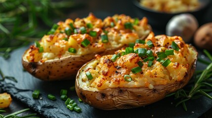 Fototapeta premium Detailed view of a baked potato resting on a white plate