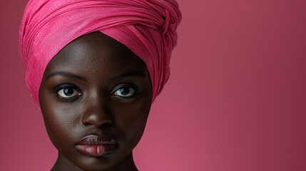 A woman standing with a pink turban on her head