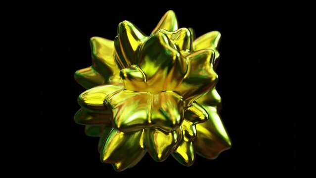 Realistic looping DOF camera 3D animation of the abstract morphing golden textured colorful alloy spiky form rendered in UHD with alpha matte