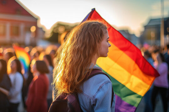 Young woman participating in Gay Pride Day celebrations at sunset with rainbow flag