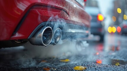 A detailed view of a red car emitting smoke from its engine