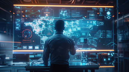 A man is standing in front of a computer monitor with a map of the world on it