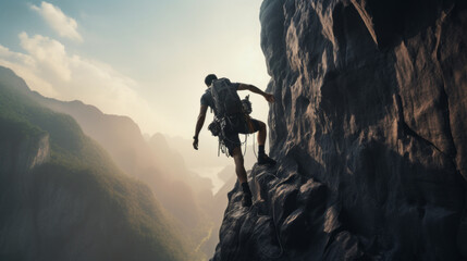 A muscular Athletic Man, a climber descending from a cliff with a safety net against the background of Mountains and sky. Extreme outdoor sports, Active lifestyle, travel concepts. Horizontal banner.