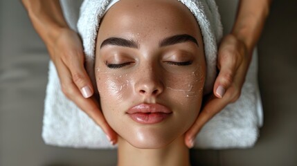 A woman lying down getting a massage on her face at a spa