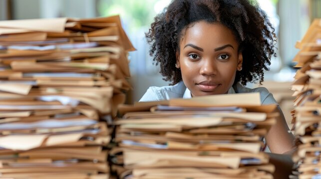 A woman carefully reviews a large stack of files in an office setting