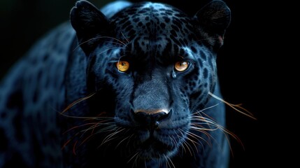 Close up view of a black leopard staring intensely with bright yellow eyes