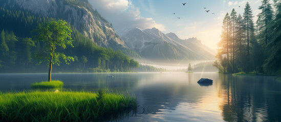 A beautiful, serene landscape with a large body of water and a mountain range in the background. The water is calm and still, reflecting the surrounding trees and mountains - Powered by Adobe