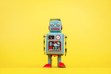 Retro tin robot, tin robot on yellow background.