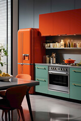 Clean lines and a splash of vibrant color from a collection of modern kitchen appliances in a minimalist setting.