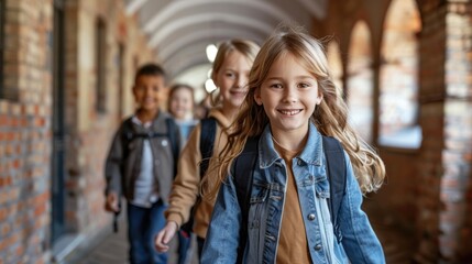 Young children walking down a school hallway