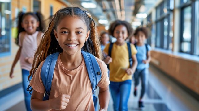 Children in a group walking down a hallway