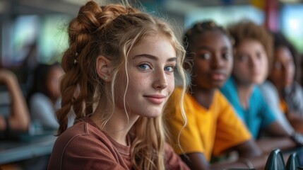 Fototapeta premium A group of young women sitting closely together