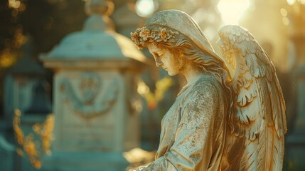 A stone angel sculpture seated in a cemetery among gravestones